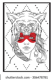 Native American Girl With Wolf Headdress.Tattoo Or T-shirt Design.