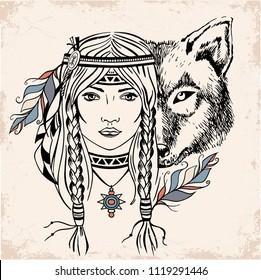 Native American girl with Wolf. vintage retro style engraving. sketch for printing on clothes. vector