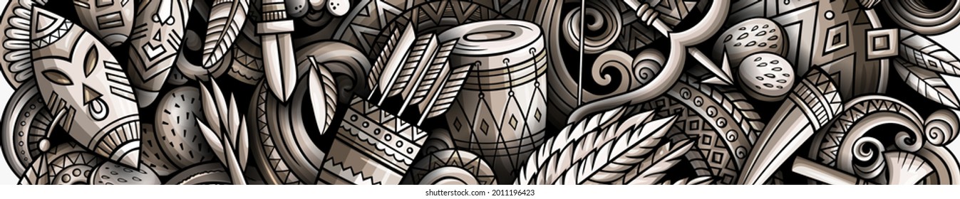 Cartel de doodle dibujado a mano por los nativos estadounidenses. Volante detallado del vector de dibujos. Ilustración con objetos y símbolos étnicos. Fondo horizontal de gráficos