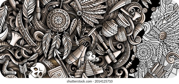 Native American hand drawn doodle banner. Cartoon vector detailed flyer. Illustration with ethnic objects and symbols. Graphics horizontal background