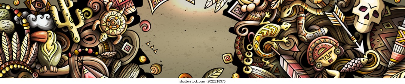 Native American hand drawn doodle banner. Cartoon vector detailed flyer. Illustration with ethnicobjects and symbols. Colorful horizontal background