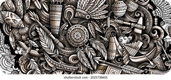 Native American hand drawn doodle banner. Cartoon vector detailed flyer. Illustration with ethnic objects and symbols. Graphics horizontal background