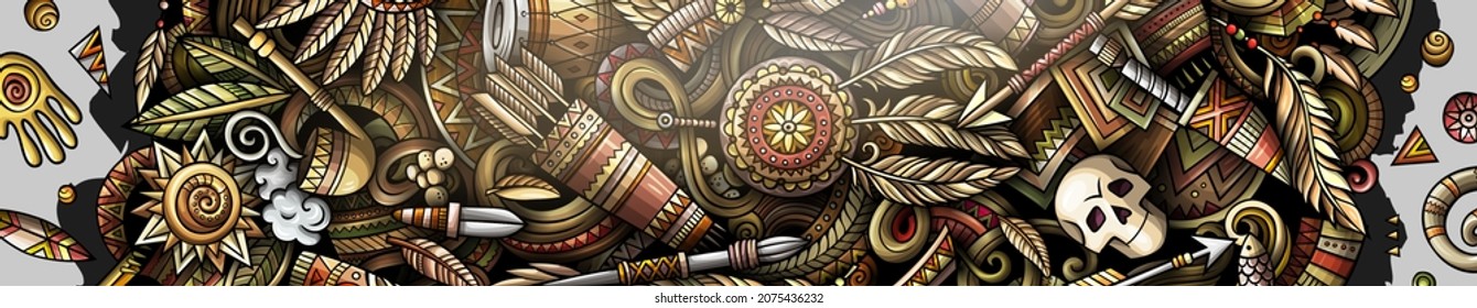Native American hand drawn doodle banner. Cartoon vector detailed flyer. Illustration with ethnicobjects and symbols. Colorful horizontal background