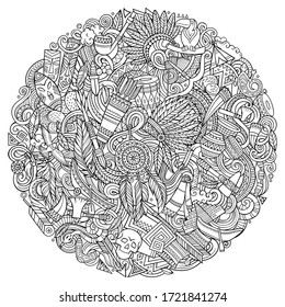 Native American hand drawn vector doodles illustration. Tribal poster design. Ethnicity elements and objects cartoon background. 