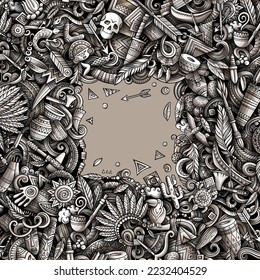 Native American hand drawn vector doodles frame. Tribal border design. Ethnicity elements and objects cartoon background. Monochrome funny picture