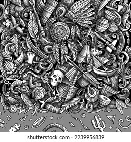 Marco de doodles vectoriales dibujados a mano por los nativos estadounidenses. Diseño de frontera tribal. Fondo de dibujos animados de elementos étnicos y objetos. Imagen divertida monocroma