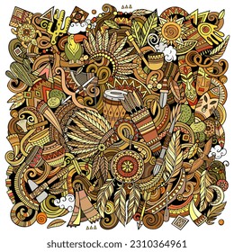 Native American hand drawn vector doodles illustration. Tribal poster design. Ethnicity elements and objects cartoon background. Bright colors funny picture