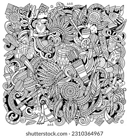Native American hand drawn vector doodles illustration. Tribal poster design. Ethnicity elements and objects cartoon background. Sketchy funny picture
