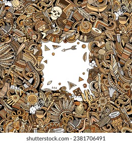 Native American hand drawn vector doodles frame. Tribal border design. Ethnicity elements and objects cartoon background. Bright colors funny picture. NOT AI