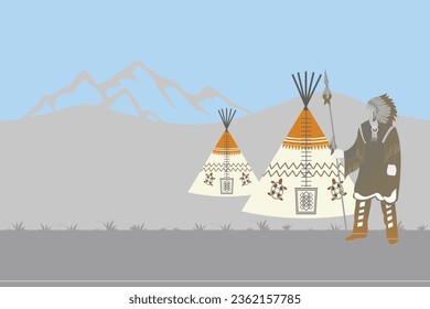 Native American headdress with Indian tribal feathers, mountains and tents with an American feel