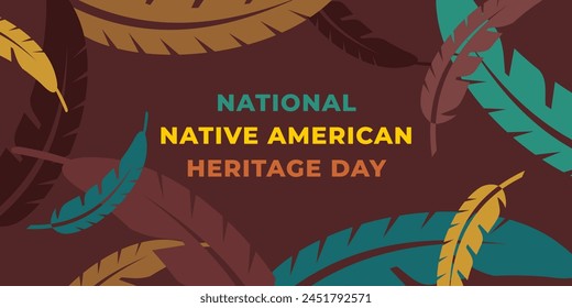 Saludo del Día del Legado Nativo Americano. Anuncio de Vector, afiche, tarjeta, contenido para redes sociales con el texto Día del legado nativo americano. Fondo marrón con plumas.