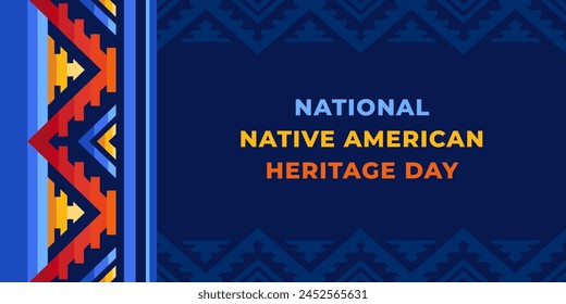 Native american heritage day greeting. Vector banner, poster, card, content for social media with the text Native american heritage day. Blue background with native ornament border.