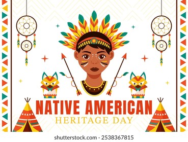 Ilustración vectorial del Día del Patrimonio Nativo Americano que celebra la cultura y las tradiciones tribales indígenas en un fondo de dibujos animados de estilo plano