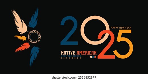 Mes de la herencia nativa americana 2025 feliz año nuevo. Vector Web Anuncio, cartel, tarjeta para redes sociales, redes. Saludo con el texto del mes de la herencia nativa nacional, adorno sobre fondo azul.