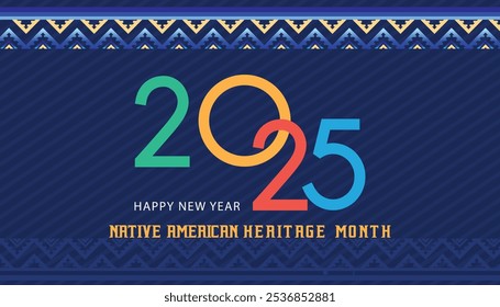 Mes de la herencia nativa americana 2025 feliz año nuevo. Vector Web Anuncio, cartel, tarjeta para redes sociales, redes. Saludo con el texto del mes de la herencia nativa nacional, adorno sobre fondo azul.