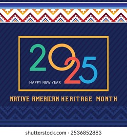 Mes de la herencia nativa americana 2025 feliz año nuevo. Vector Web Anuncio, cartel, tarjeta para redes sociales, redes. Saludo con el texto del mes de la herencia nativa nacional, adorno sobre fondo azul.