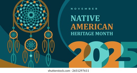 Native american heritage month 2025 greeting. Vector poster, content for social media with text Native american heritage month, november. Green background with native tribal pattern and dreamcatcher