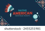 Native american heritage month. Banner, poster, card, content for social media with the text Native american heritage month. Blue background with national ornament