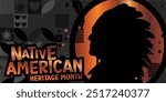 Native American Heritage Month banner. Silhouette of an old Native American man wearing a headdress