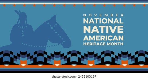 Native american heritage month greeting. Vector banner, poster, card, flyer, content for social media with text Native american heritage month, november. Blue background with native ornament border.