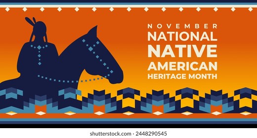 In: Native American Heritage Month Greeting. Vektorgrafik Banner, Poster, Karte, Flyer mit Text Native American Heritage Month, November. Sonnenuntergang Hintergrund mit Reiterin, einheimische Ornament Rand.