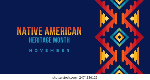 Native american heritage month greeting. Vector banner, poster, card, content for social media with the text Native american heritage month, november. Blue background with native ornament border.