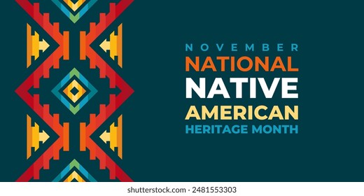 Native american heritage month greeting. Vector banner, poster, card, content for social media with the text Native american heritage month, november. Blue background with native ornament border