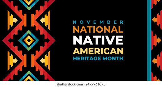 Native american heritage month greeting. Vector banner, poster, card, content for social media with text Native american heritage month, november. Black background with native ornament tribal pattern