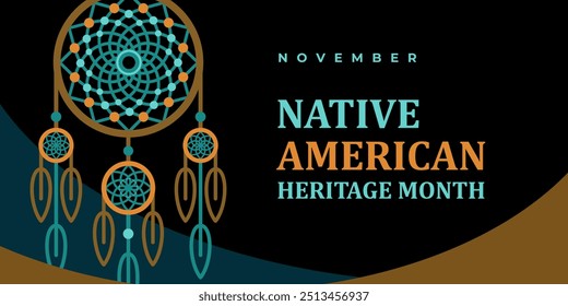 Native american heritage month greeting. Vector banner, poster, card, content for social media with text Native american heritage month, november. Black background with dream catcher tribal pattern.