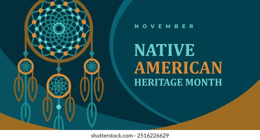 Native american heritage month greeting. Vector banner, poster, card, content for social media with text Native american heritage month, november. Black background with dream catcher tribal pattern.
