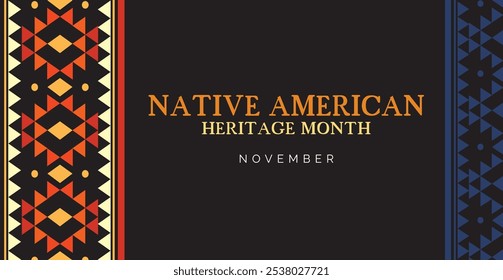 Mes de la herencia nativa americana. saludo Anuncio de Vector, cartel, tarjeta, volante con texto de borde de adorno nativo Mes de la herencia nativa americana, noviembre.