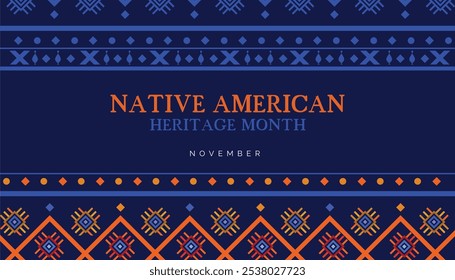 Mes de la herencia nativa americana. saludo Anuncio de Vector, cartel, tarjeta, volante con texto de borde de adorno nativo Mes de la herencia nativa americana, noviembre.