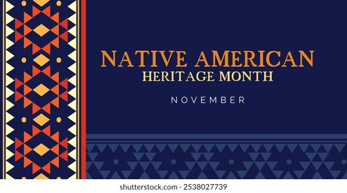 Mes de la herencia nativa americana. saludo Anuncio de Vector, cartel, tarjeta, volante con texto de borde de adorno nativo Mes de la herencia nativa americana, noviembre.