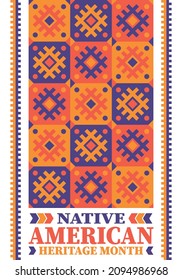 Native American Heritage Month. American Indian culture. Celebrate annual in in November in United States. Tradition Indian pattern. Poster and banner. Vector authentic ornament, ethnic illustration