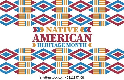 Native American Heritage Month. American Indian culture. Celebrate annual in in November in United States. Tradition Indian pattern. Poster and banner. Vector authentic ornament, ethnic illustration