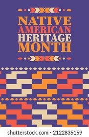 Native American Heritage Month. American Indian culture. Celebrate annual in in November in United States. Tradition Indian pattern. Poster and banner. Vector authentic ornament, ethnic illustration