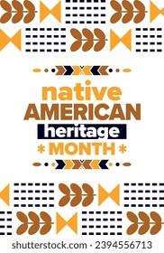 Native American Heritage Month. American Indian culture. Celebrate annual in in November in United States. Tradition Indian pattern. Poster and banner. Vector authentic ornament, ethnic illustration