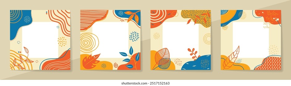 Antecedentes de la Plantilla de publicaciones de medios sociales Abstractas modernas del Mes de la Herencia Nativa Americana. Celebración de Concientización de Noviembre. 4 Set Floral Trendy Gráfico Cuadrado Marcos Ilustración vectorial. Carrete de historia gráfica