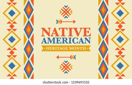 Native American Heritage Month in November. American Indian culture. Celebrate annual in United States. Tradition pattern. Poster, card, banner and background. Vector ornament, illustration