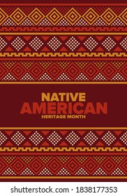 Native American Heritage Month in November. American Indian culture. Celebrate annual in United States. Tradition pattern. Poster, card, banner and background. Vector ornament, illustration