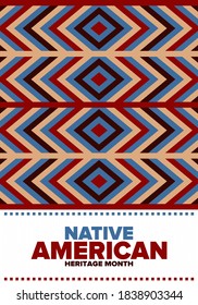 Native American Heritage Month in November. American Indian culture. Celebrate annual in United States. Tradition pattern. Poster, card, banner and background. Vector ornament, illustration