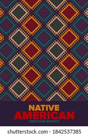 Native American Heritage Month in November. American Indian culture. Celebrate annual in United States. Tradition pattern. Poster, card, banner and background. Vector ornament, illustration