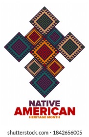 Native American Heritage Month in November. American Indian culture. Celebrate annual in United States. Tradition pattern. Poster, card, banner and background. Vector ornament, illustration