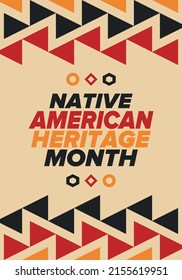 Native American Heritage Month in November. American Indian culture. Celebrate annual in United States. Tradition pattern. Poster, card, banner and background. Vector ornament, illustration