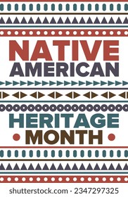 Native American Heritage Month in November. American Indian culture. Celebrate annual in United States. Tradition pattern. Poster, card, banner and background. Vector ornament, illustration