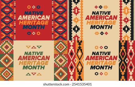 Mes de la Herencia Nativa Americana en noviembre. Cultura india americana. Celebrar anualmente en Estados Unidos. Patrón de tradición. Póster, tarjeta, Anuncio y fondo. Ornamento de Vector, ilustración