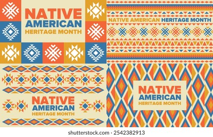 Mes de la Herencia Nativa Americana en noviembre. Cultura india americana. Celebrar anualmente en Estados Unidos. Patrón de tradición. Póster, tarjeta, Anuncio y fondo. Ornamento de Vector, ilustración