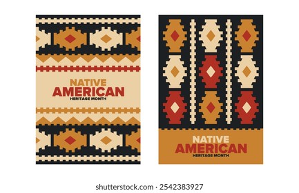 Mes de la Herencia Nativa Americana en noviembre. Cultura india americana. Celebrar anualmente en Estados Unidos. Patrón de tradición. Póster, tarjeta, Anuncio y fondo. Ornamento de Vector, ilustración