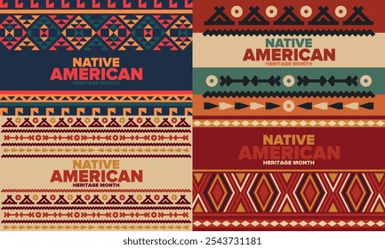 Mes de la Herencia Nativa Americana en noviembre. Cultura india americana. Celebrar anualmente en Estados Unidos. Patrón de tradición. Póster, tarjeta, Anuncio y fondo. Ornamento de Vector, ilustración