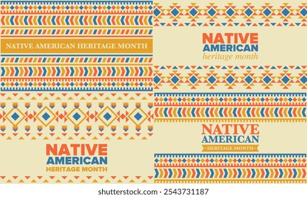 Mes de la Herencia Nativa Americana en noviembre. Cultura india americana. Celebrar anualmente en Estados Unidos. Patrón de tradición. Póster, tarjeta, Anuncio y fondo. Ornamento de Vector, ilustración